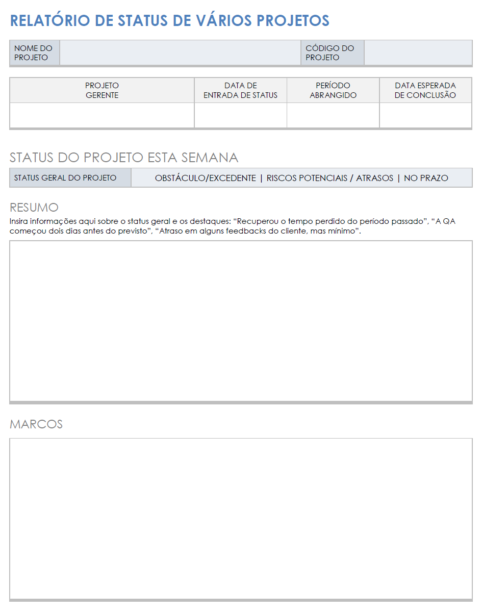  modelo de relatório de status de vários projetos