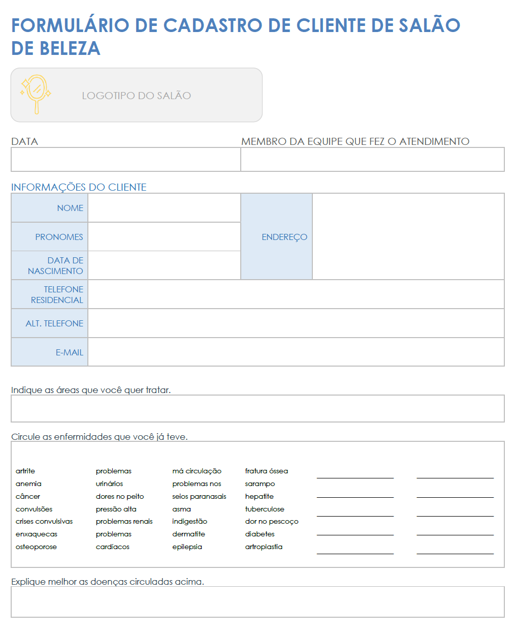  modelo de formulário de admissão de cliente de salão