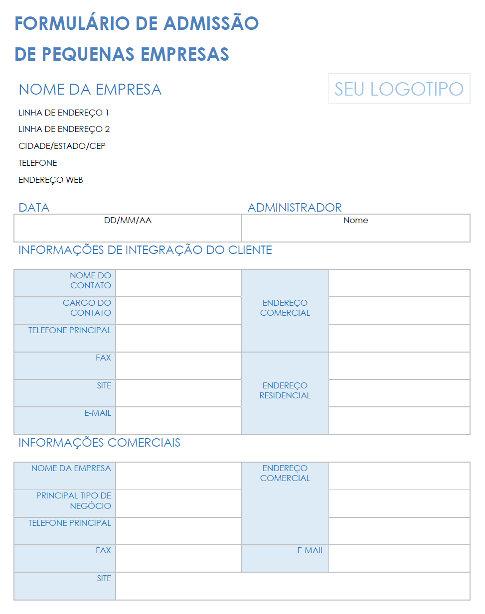 modelo de formulário de admissão de clientes para pequenas empresas