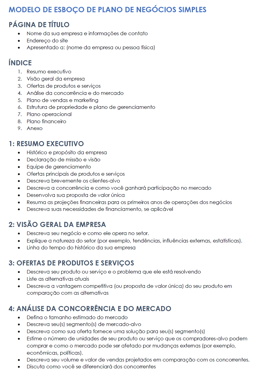  Modelo de esboço de plano de negócios simples