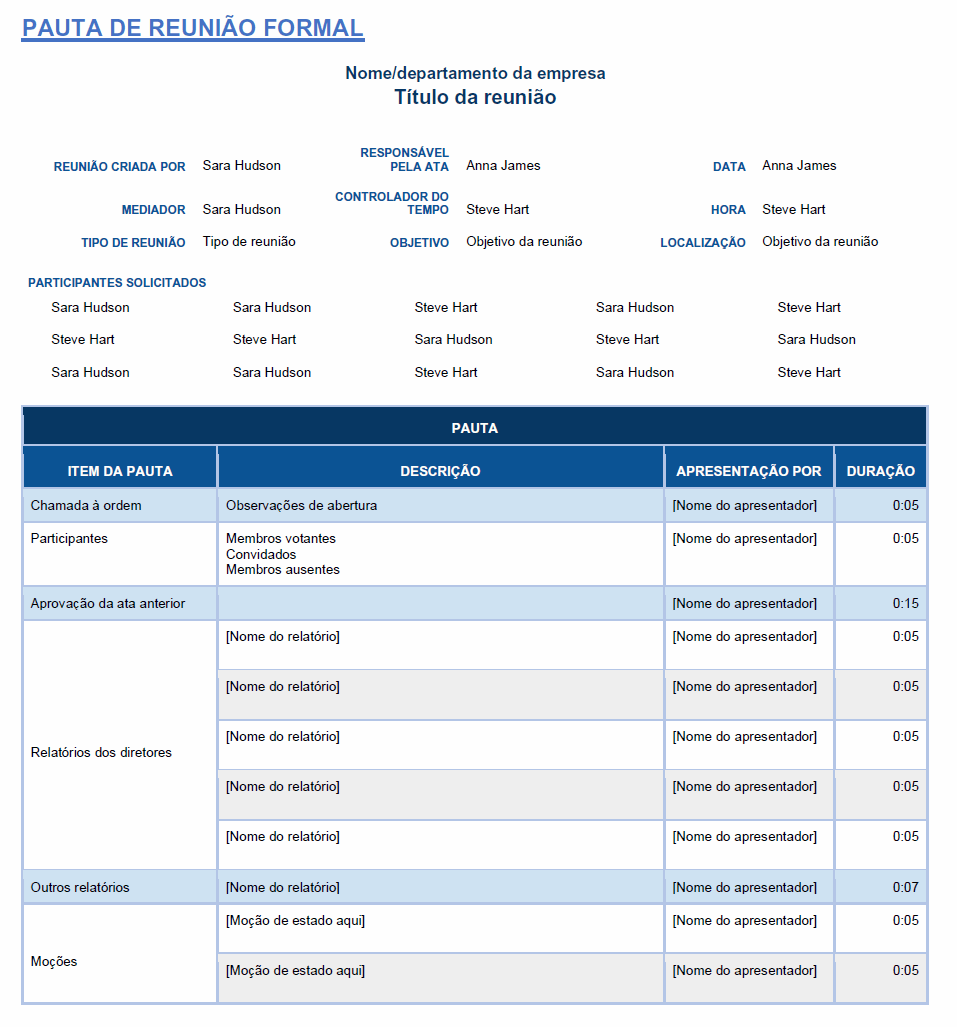 Modelo de pauta de reunião formal