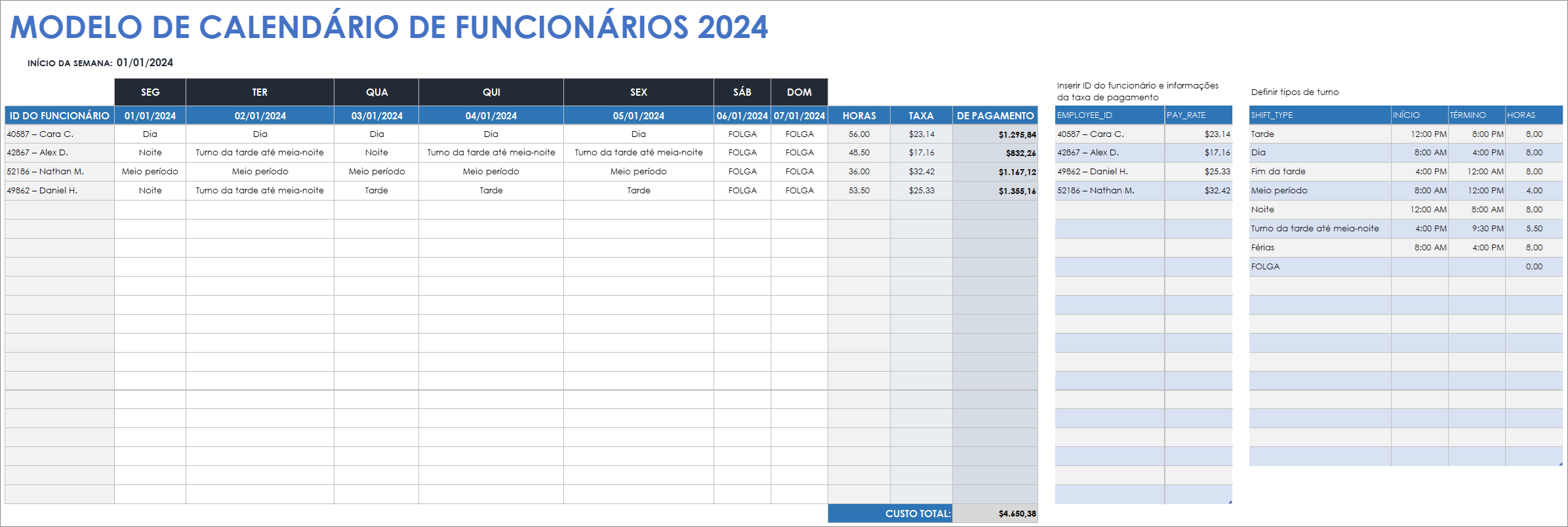 Modelo de calendário de funcionários 2024