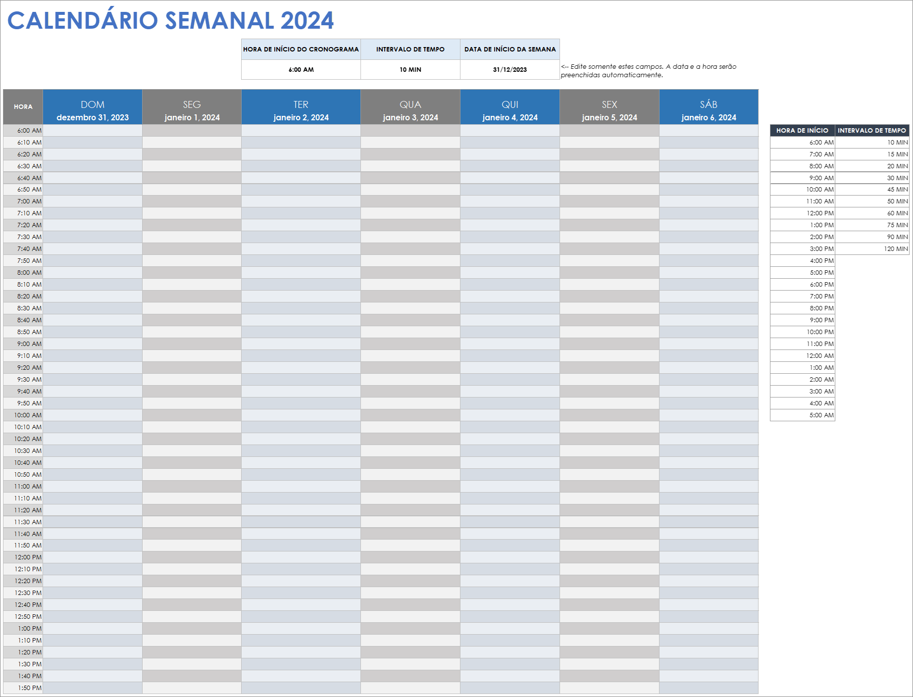 Modelo de calendário semanal 2024