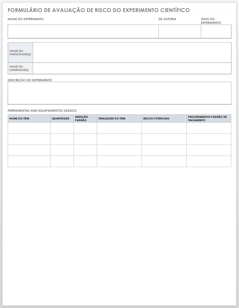 formulário de avaliação de risco do experimento científico