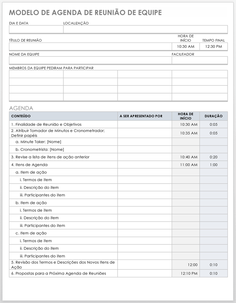 Modelo de Agenda de Reunião de Equipe